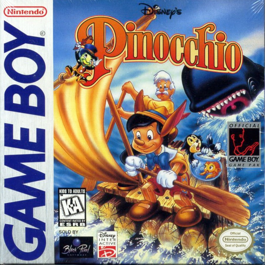 Pinocchio Game Boy GB for retro video game enthusiasts featuring side scrolling action platforming gameplay Disney inspired adventure colorful levels enemy encounters classic fairy tale journey family friendly handheld gaming and collectible gaming appeal front cover 