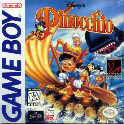 Pinocchio Game Boy GB for retro video game enthusiasts featuring side scrolling action platforming gameplay Disney inspired adventure colorful levels enemy encounters classic fairy tale journey family friendly handheld gaming and collectible gaming appeal front cover 