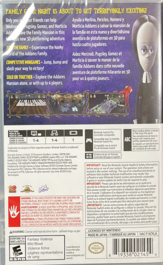 The Addams Family Mansion Mayhem  Nintendo Switch for family friendly action adventure video game fans featuring Gomez Morticia Wednesday and Pugsley spooky mansion exploration cooperative multiplayer platforming challenges puzzle solving colorful environments and classic Addams Family characters collectible gaming appeal back cover art
