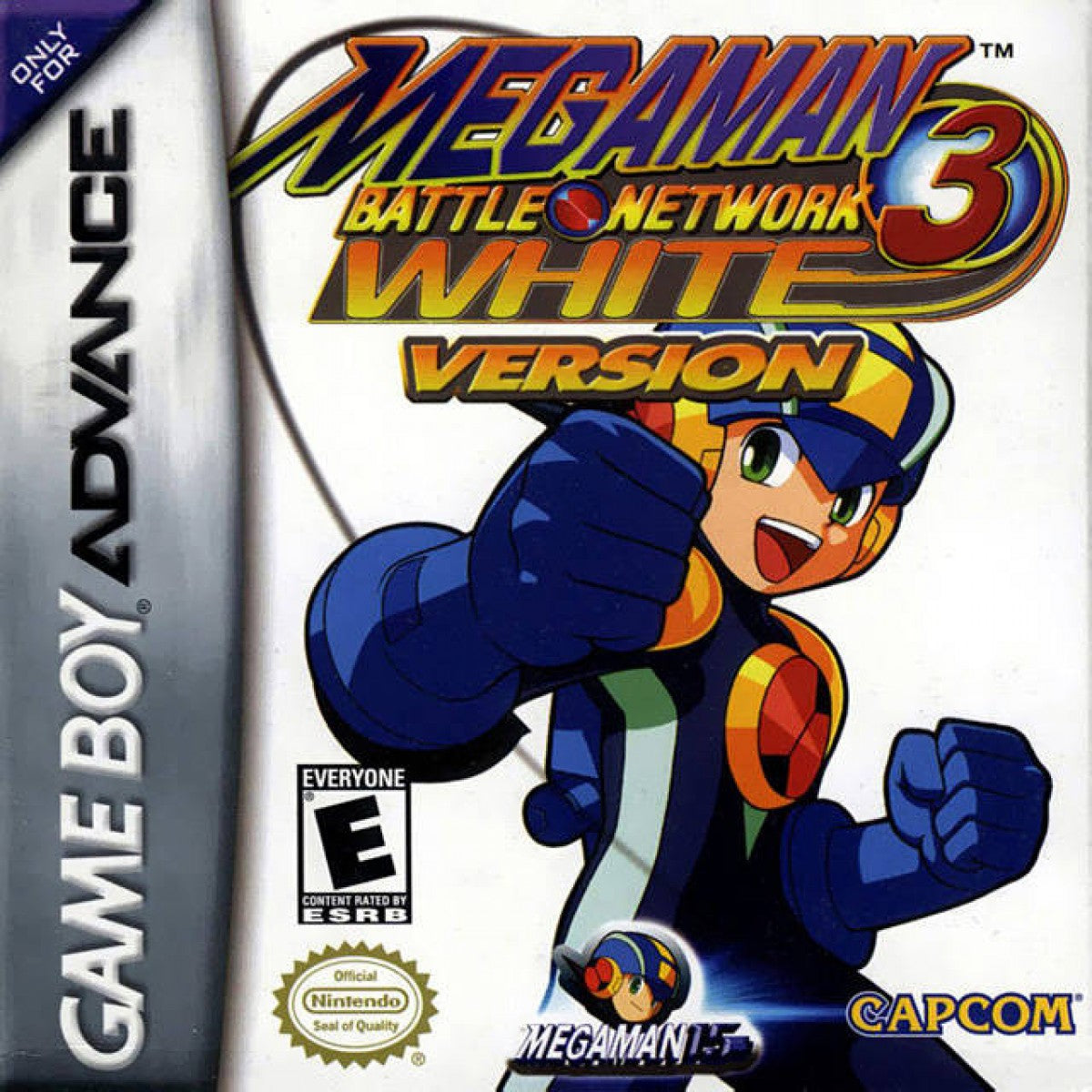 Mega Man Battle Network 3: White cover art for Nintendo Game Boy Advance (GBA) adventure strategy video game.