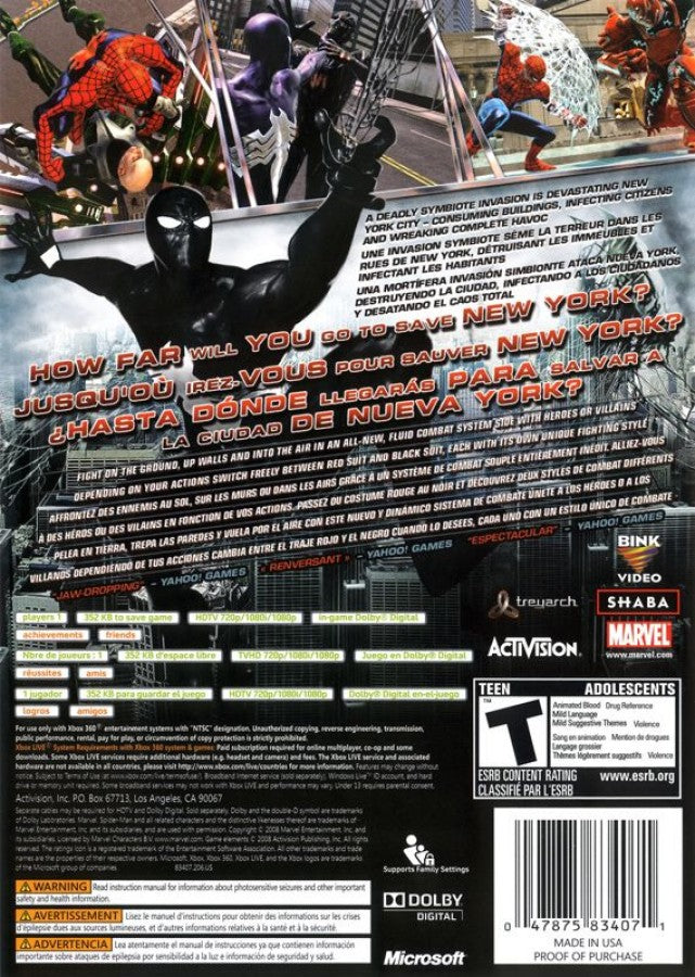 Spider-Man: Web of Shadows back of case for Xbox 360 (X360) action-adventure superhero video game