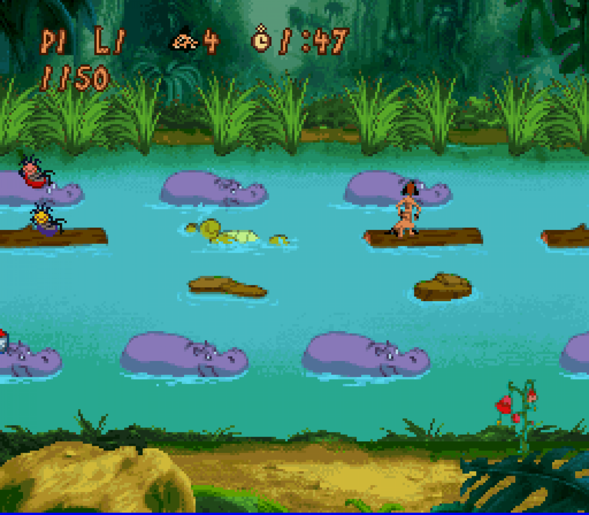 Timon and Pumbaa Jungle Games Super Nintendo Entertainment System SNES video game featuring mini game collection gameplay Timon and Pumbaa characters jungle themed challenges arcade style activities puzzle games action challenges and classic 16 bit Nintendo gameplay retro video game collection collectible gaming appeal gameplay