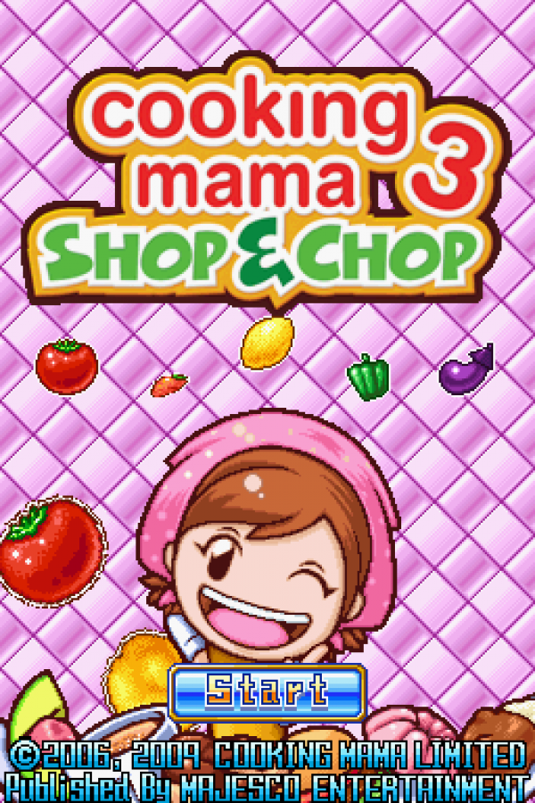 Cooking Mama 3: Shop & Chop start screen for Nintendo DS (DS) cooking simulation mini-game video game