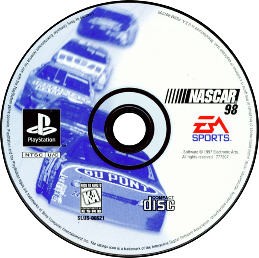NASCAR 98 for PlayStation 1 racing sports video game featuring official NASCAR teams and drivers, realistic oval track racing, arcade and simulation modes, and classic console stock car experience disc