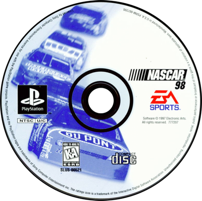 NASCAR 98 for PlayStation 1 racing sports video game featuring official NASCAR teams and drivers, realistic oval track racing, arcade and simulation modes, and classic console stock car experience disc