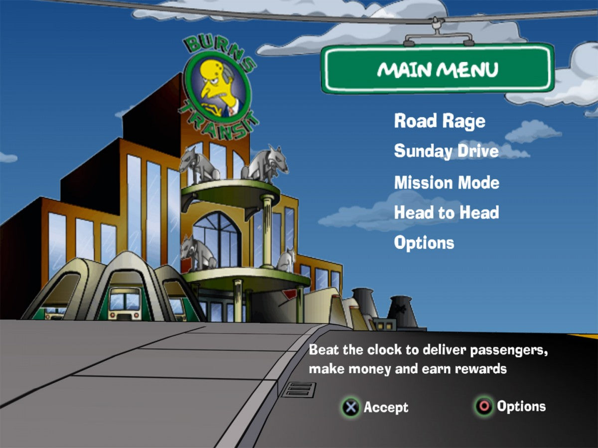 The Simpsons: Road Rage [Greatest Hits] – PlayStation 2 (PS2) video game main menu, arcade driving action.