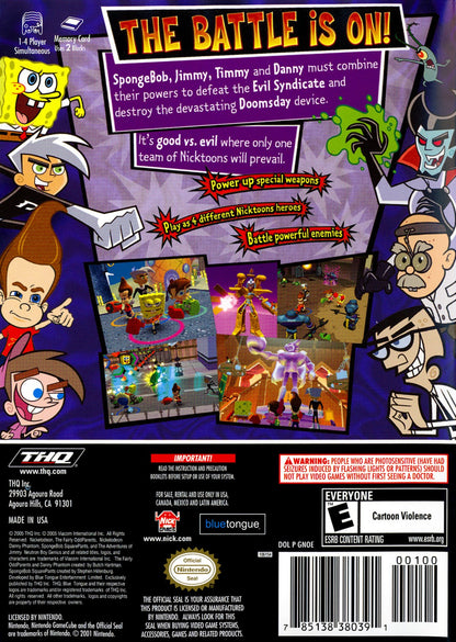 Nicktoons Unite Nintendo GameCube GC video game featuring crossover action adventure gameplay with SpongeBob SquarePants Danny Phantom Jimmy Neutron and Timmy Turner colorful Nickelodeon characters cooperative gameplay puzzle solving combat challenges retro video game Nintendo GameCube collection collectible gaming appeal back cover art