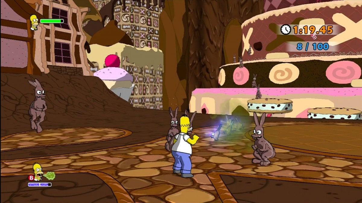The Simpsons Game for Xbox 360 action adventure video game featuring humor filled levels based on the iconic animated series, cooperative gameplay, satirical parody elements, and interactive Springfield exploration experience gameplay