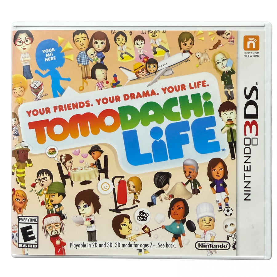 Cover art for Tomodachi Life Complete in Box for Nintendo 3DS, a life simulation and social simulation game featuring Mii characters, with original game case, cartridge, and inserts 