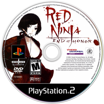 Red Ninja: End of Honor – PlayStation 2 (PS2) video game disc, action-adventure stealth game.