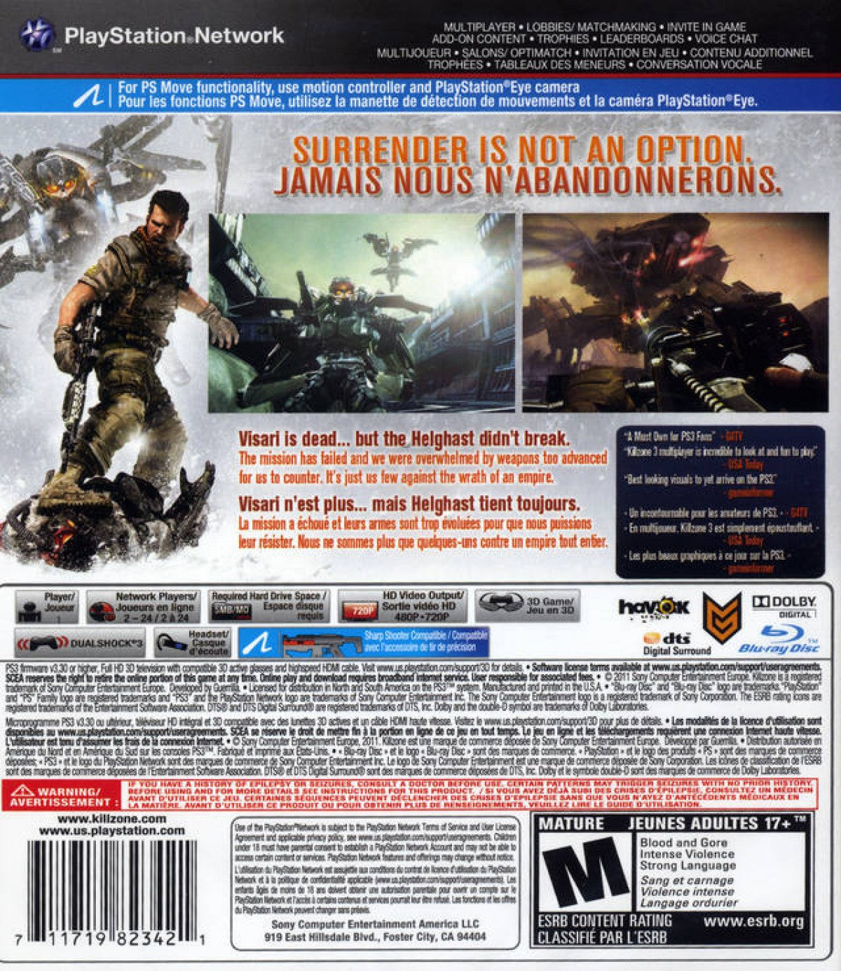 Killzone 3 retro PlayStation 3 video game Killzone military sci fi first person shooter futuristic combat online multiplayer cinematic campaign console title PlayStation 3 back of case