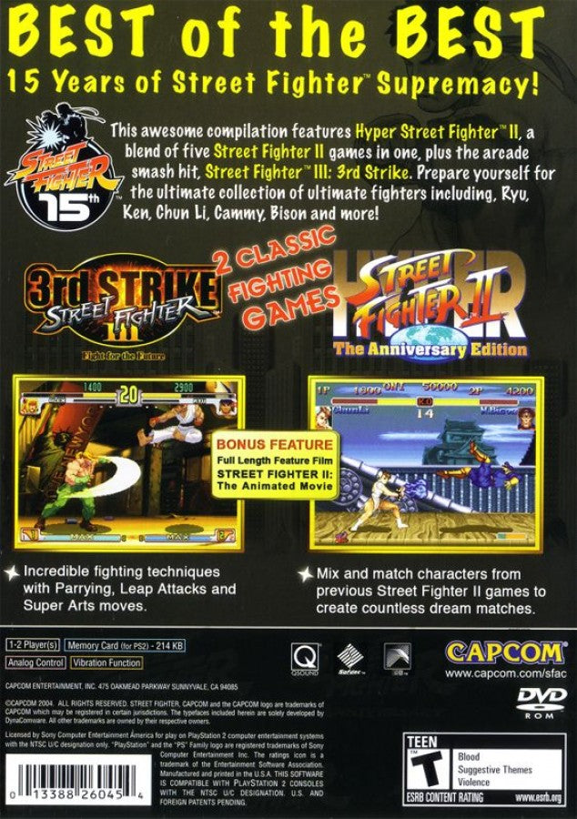 Street Fighter Anniversary Collection – PlayStation 2 (PS2) video game back of case, 2D and 3D fighting game compilation.
