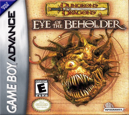 Dungeons & Dragons Eye of the Beholder for Game Boy Advance, cover image for a role-playing video game with dungeon crawling gameplay, turn-based combat, party management, and fantasy adventure