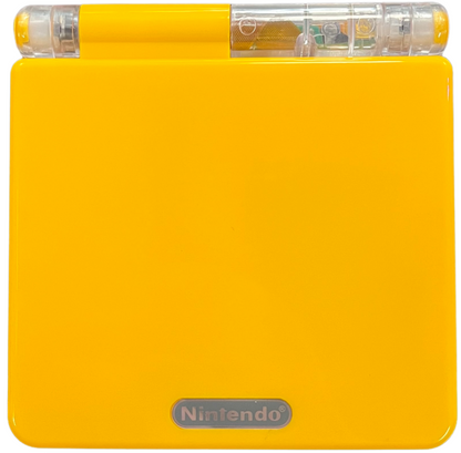 Retro GBA SP custom shell IPS mod inspired design featuring upgraded Nintendo handheld gaming console aesthetic vibrant custom housing backlit IPS display rechargeable clamshell portable system nostalgic retro gaming hardware presentation top