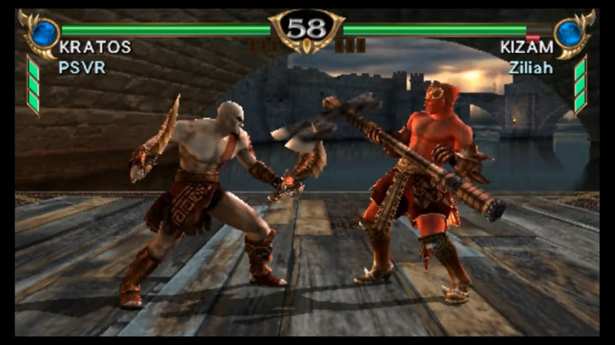 SoulCalibur: Broken Destiny for PlayStation Portable (PSP) at Gamers INC, featuring the premier handheld entry in the legendary weapon-based fighting series that brings the fluid 8-way run system and deep character customization of SoulCalibur IV to the PSP, including over 20 iconic warriors—plus the exclusive guest appearance of God of War’s Kratos—for intense, high-fidelity duels anywhere you go gameplay screenshot