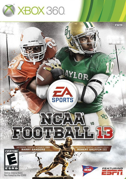 NCAA Football 13 Xbox 360 X360 video game featuring college football sports simulation gameplay NCAA college teams and players offensive play calling passing plays rushing attacks defensive strategies touchdown scoring college stadiums dynasty mode recruiting challenges Road to Glory career mode and classic Xbox 360 college football action retro video game collection collectible gaming appeal front cover