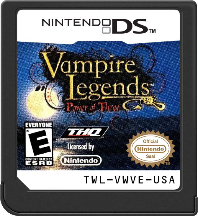 Vampire Legends The Power of Three game for the Nintendo DS featuring hidden object puzzle adventure gameplay with supernatural mystery storytelling point and click mechanics and atmospheric locations cartridge
