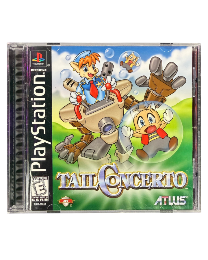 Tail Concerto PlayStation PS1 for action adventure video game fans featuring anime inspired storytelling 3D platforming gameplay robot mech combat charming anthropomorphic characters puzzle solving exploration colorful fantasy world classic cyberpunk adventure collectible gaming appeal cover art