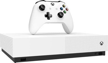 Front view of the Xbox One S console with matching controller placed in front