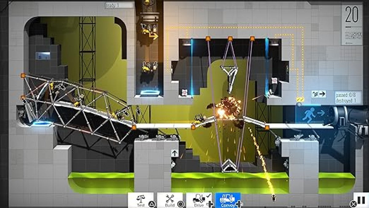 Bridge Constructor Portal – Xbox One (XONE) gameplay for physics-based puzzle engineering game with Portal-themed elements