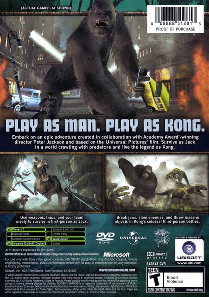 Peter Jackson's King Kong PlayStation Portable PSP for action adventure video game fans featuring first person survival gameplay cinematic storytelling jungle exploration intense dinosaur encounters giant creature battles immersive movie inspired adventure collectible gaming appeal back cover art