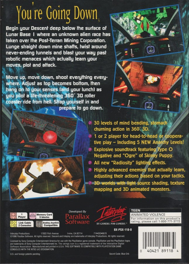 Descent PlayStation 1 PS1 first-person shooter video game featuring intense 3D space combat maze-like underground environments futuristic spacecraft enemy robots powerful weapons challenging levels exploration and classic PlayStation 1 PS1 gameplay collectible retro gaming appeal back cover art