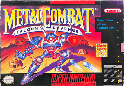 Metal Combat Super Nintendo SNES light gun shooter Super Scope 6 compatible mech robot combat first person shooting futuristic warfare Nintendo action game retro 16 bit gaming Super Nintendo Entertainment System software video game title cover art 
