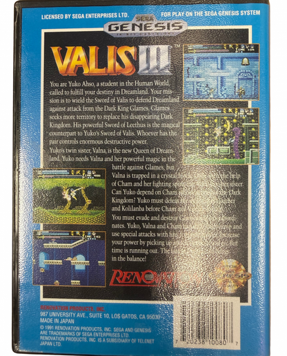 Valis III Sega Genesis GEN for retro video game enthusiasts featuring side scrolling action platforming gameplay anime inspired fantasy adventure sword combat magical abilities multiple playable characters challenging enemies colorful stages and collectible gaming appeal back cover art