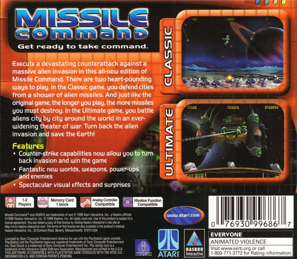 Missile Command PlayStation PS1 for arcade shooter video game fans featuring classic missile defense gameplay fast paced action strategic targeting city protection endless enemy waves retro arcade challenges updated PlayStation experience collectible gaming appeal back cover art