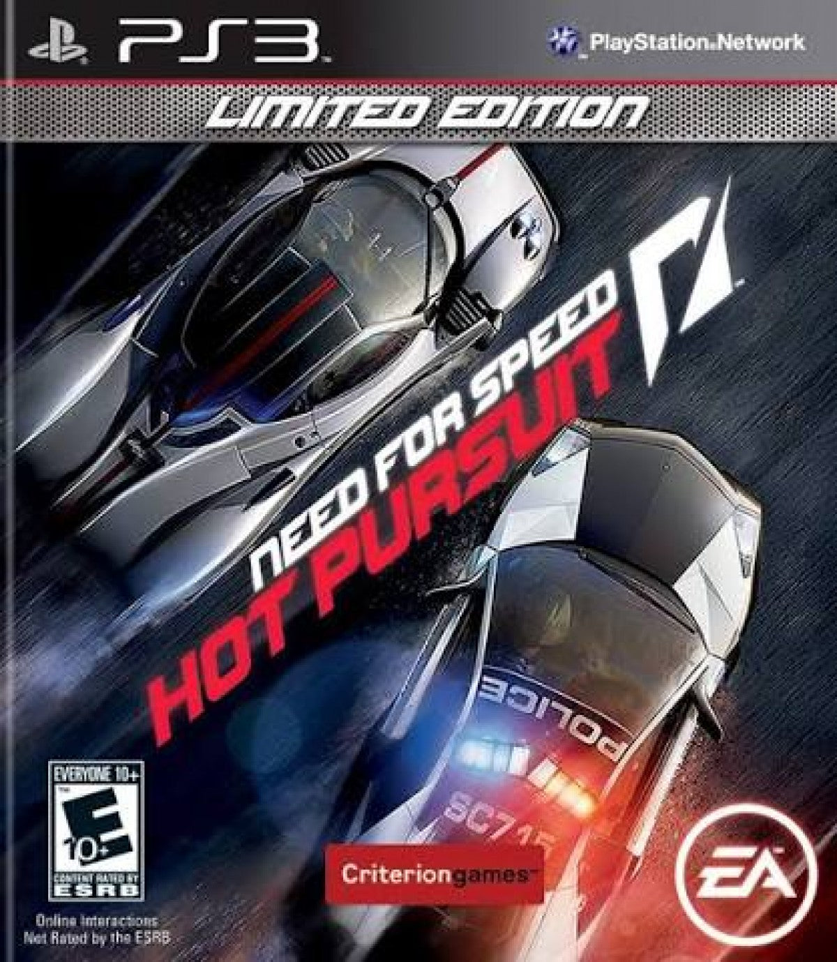 Need for Speed Hot Pursuit Limited Edition PlayStation 3 PS3 for arcade racing video game fans featuring exotic sports cars high speed police chases pursuit gameplay intense road races vehicle customization dramatic environments and thrilling racer versus police action collectible Sony PlayStation gaming appeal front