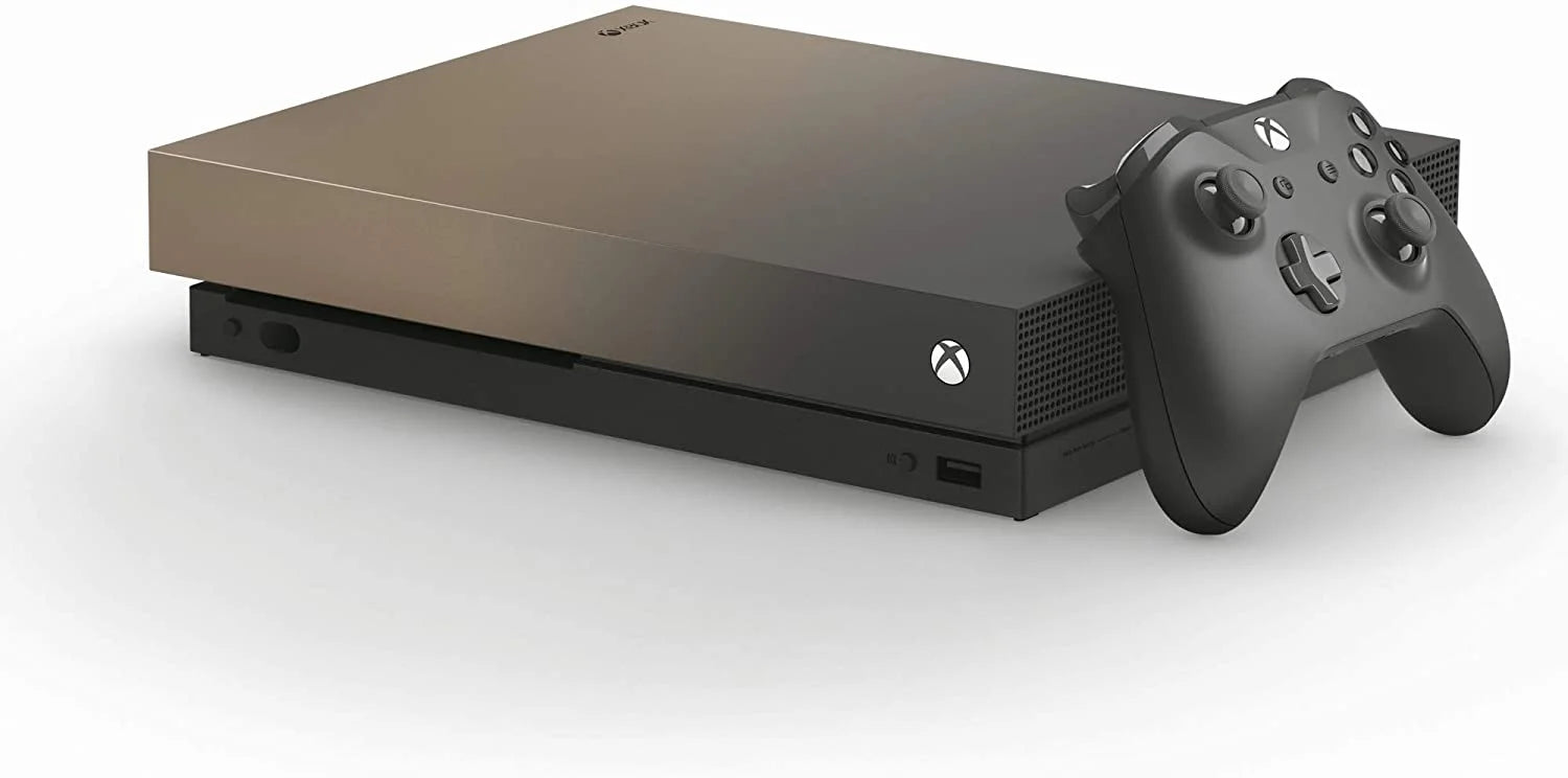 Xbox One X 1TB console Gold Rush edition, limited color variant, Microsoft gaming system, 4K gaming console, Xbox One X hardware front corner shot with original controller (not included)
