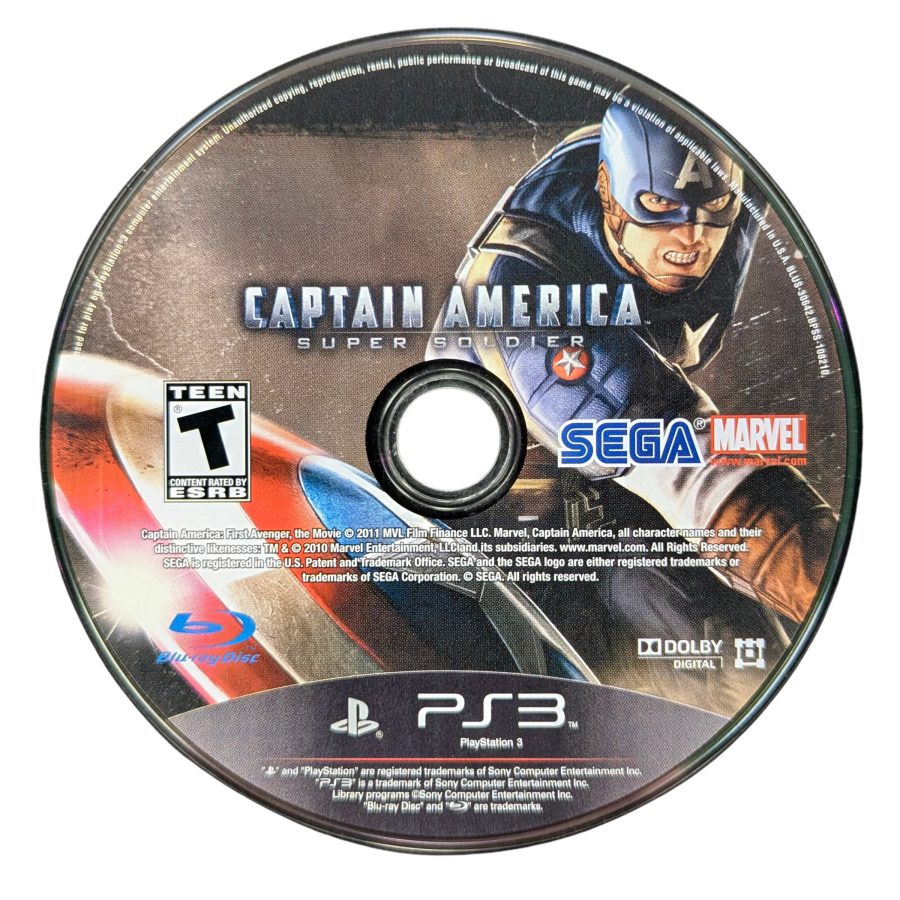 Captain America Super Soldier CIB PlayStation 3 PS3 video game featuring superhero action adventure gameplay Captain America shield combat enemy battles Hydra forces stealth takedowns shield throwing attacks acrobatic moves World War II settings cinematic missions and Marvel superhero storyline complete in box CIB edition retro video game collection collectible gaming appeal disc