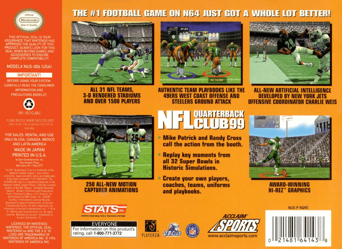 NFL Quarterback Club 99 back cover art for Nintendo 64 N64 video game