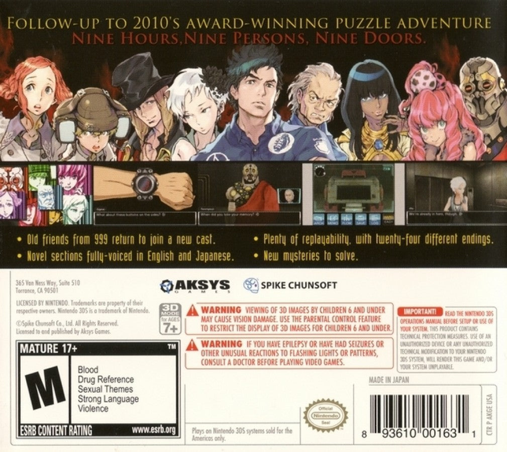 Zero Escape: Virtue’s Last Reward back of case for Nintendo 3DS (3DS) visual novel adventure video game