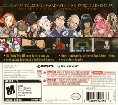 Zero Escape: Virtue’s Last Reward back of case for Nintendo 3DS (3DS) visual novel adventure video game