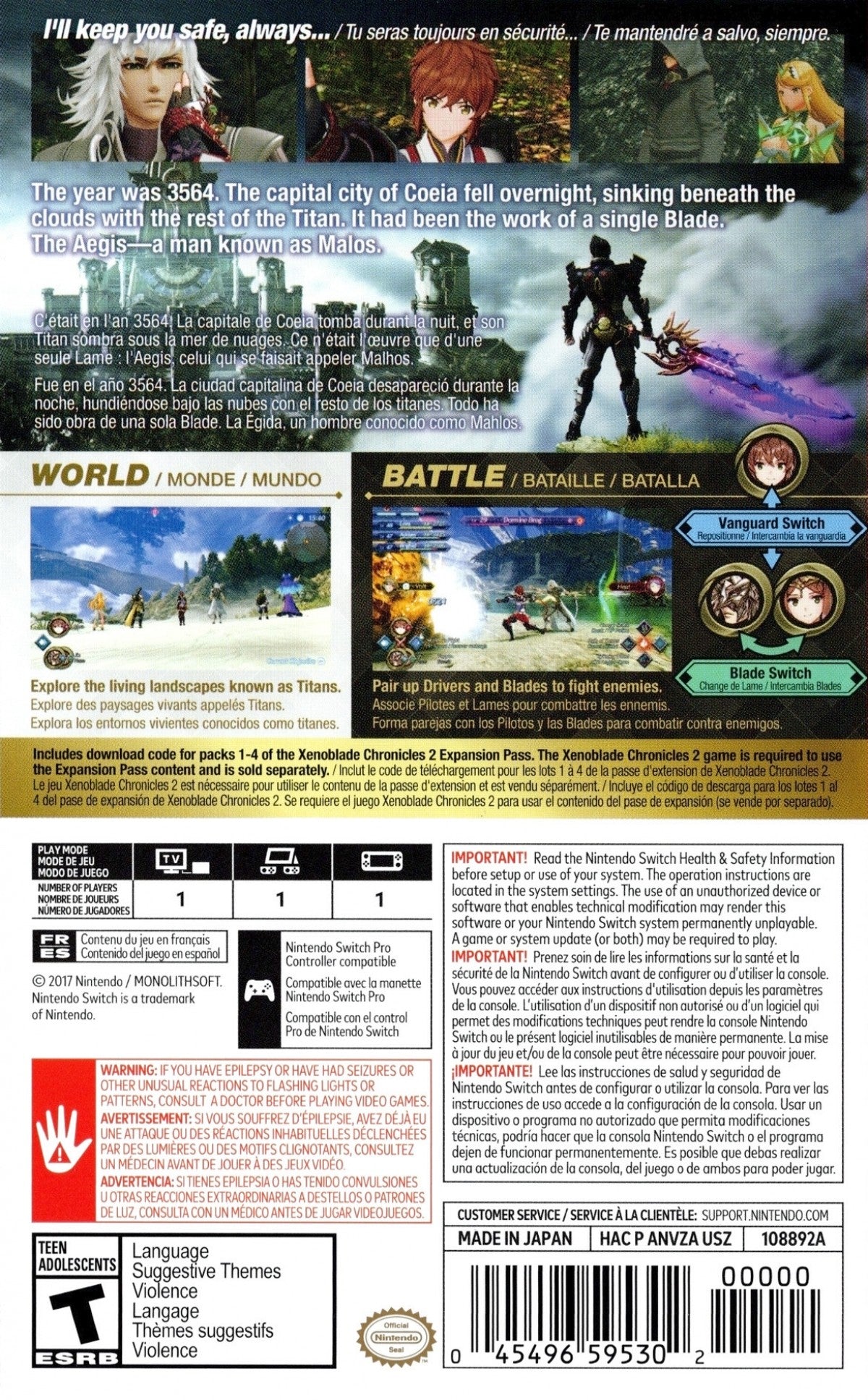 Xenoblade Chronicles 2 Torna The Golden Country Nintendo Switch video game Xenoblade fantasy action RPG open world adventure real time combat story driven gameplay console title Nintendo Switch release back of case