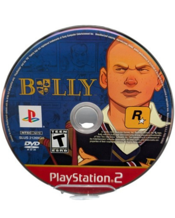 Retro Bully Greatest Hits PS2 inspired design featuring classic Rockstar Games schoolyard open world adventure aesthetic vintage PlayStation 2 era rebellious teen gameplay comic style visuals academy chaos mischievous missions nostalgic action game presentation disc