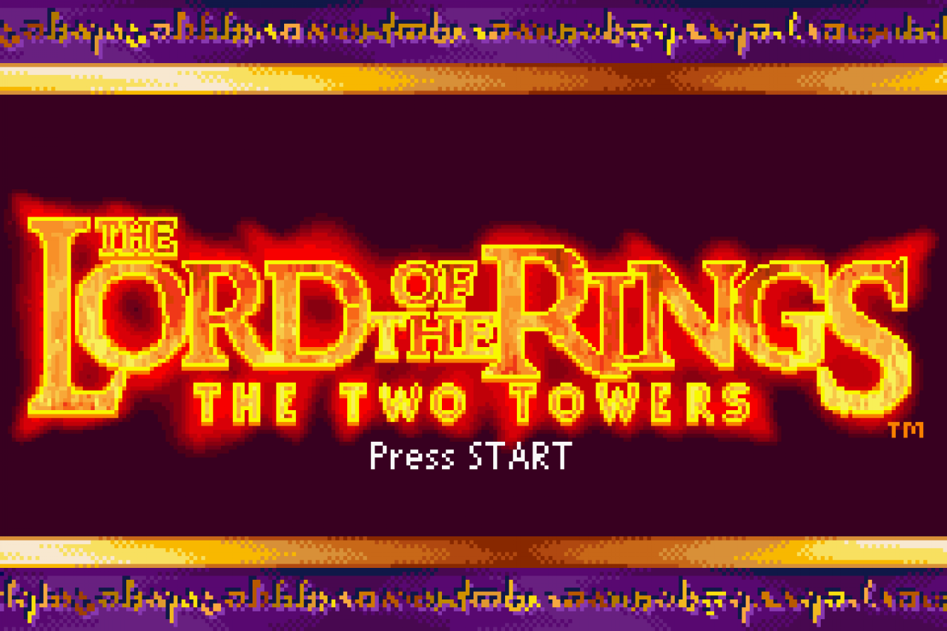 The Lord of the Rings The Two Towers for Game Boy Advance, title screen for a retro video game featuring action-adventure gameplay, hack-and-slash combat, character progression, and movie-inspired fantasy battles