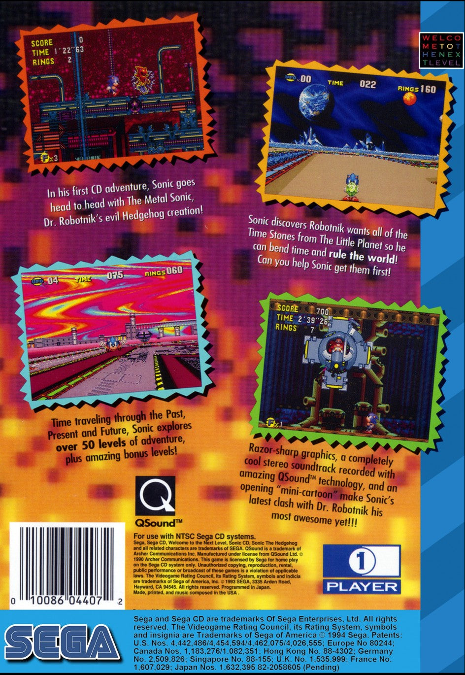 Sonic CD Sega CD for retro video game enthusiasts featuring classic side scrolling platforming gameplay high speed action time travel mechanics vibrant pixel art iconic Sonic the Hedgehog adventure challenging level design and collectible gaming appeal back art 