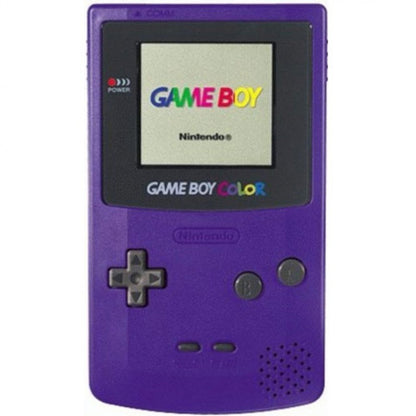 Front view of a grape purple Nintendo Game Boy Color handheld console with screen, buttons, and speaker visible.