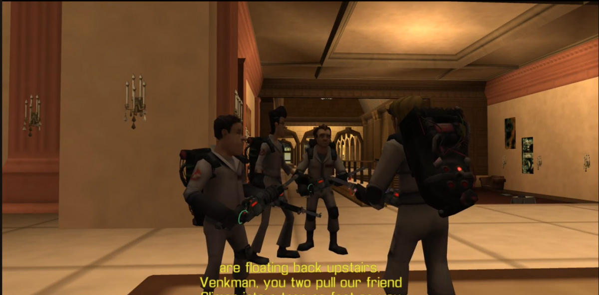 Ghostbusters: The Video Game for PlayStation Portable (PSP) at Gamers INC, featuring an original story penned by the film's creators that casts you as a new recruit alongside the original crew, bringing the proton-streaming, ghost-trapping action to a handheld format with unique stylized graphics and intense paranormal encounters as you save New York City from a new supernatural outbreak gameplay screenshot