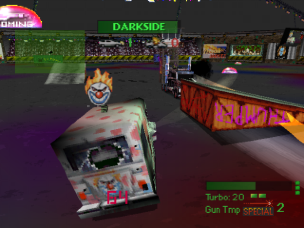 Twisted Metal for PlayStation 1, gameplay for a vehicular combat video game with car battles, destructive weapons, arena-based action, and classic arcade-style multiplayer gameplay