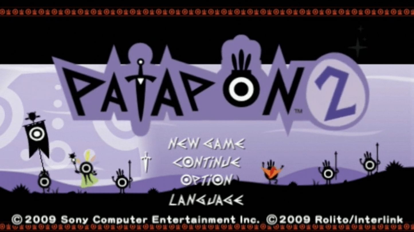 Patapon 2 start screen for PlayStation Portable (PSP) rhythm-based action game