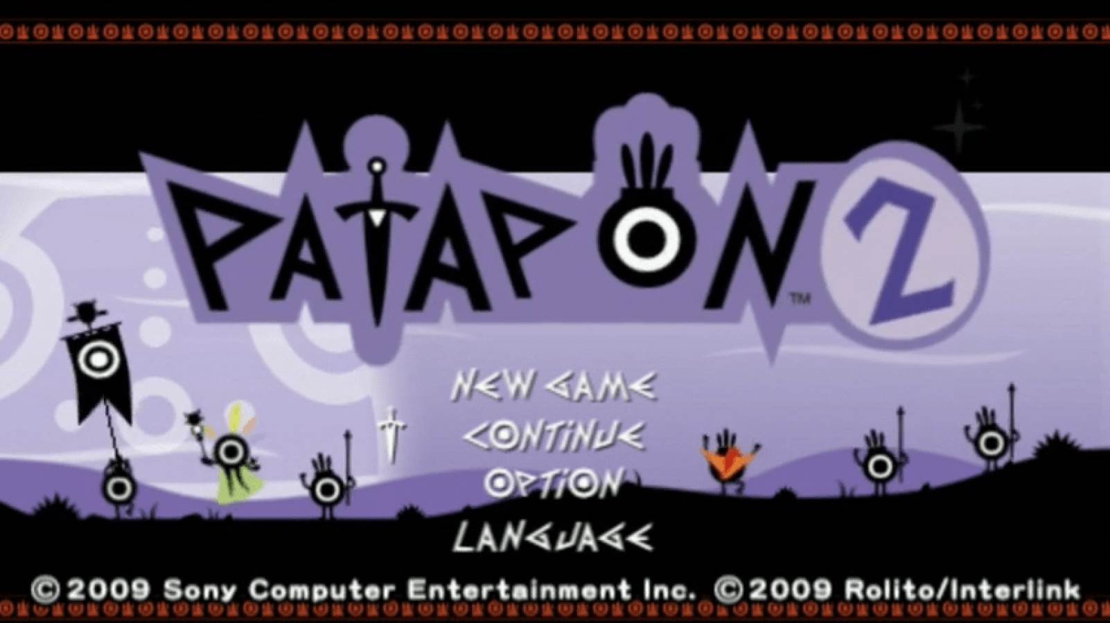 Patapon 2 start screen for PlayStation Portable (PSP) rhythm-based action game