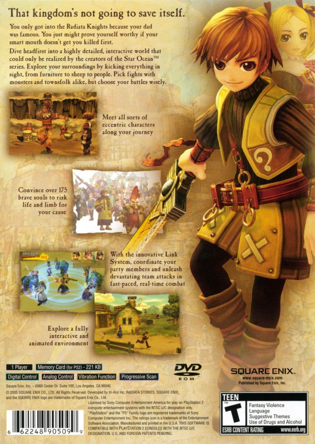 Radiata Stories – PlayStation 2 (PS2) video game back of case, action role-playing game.