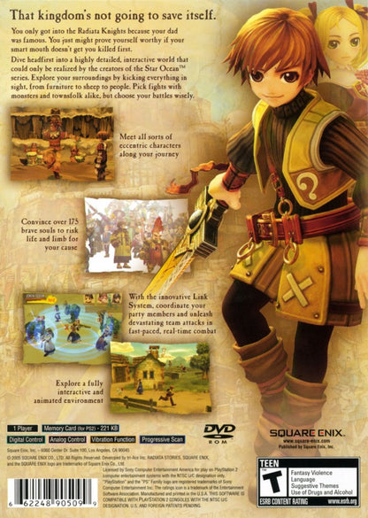 Radiata Stories – PlayStation 2 (PS2) video game back of case, action role-playing game.