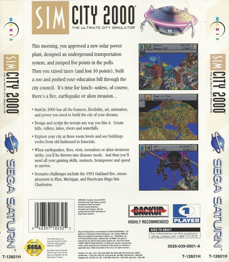 SimCity 2000 back cover art for Sega Saturn (SS) video game