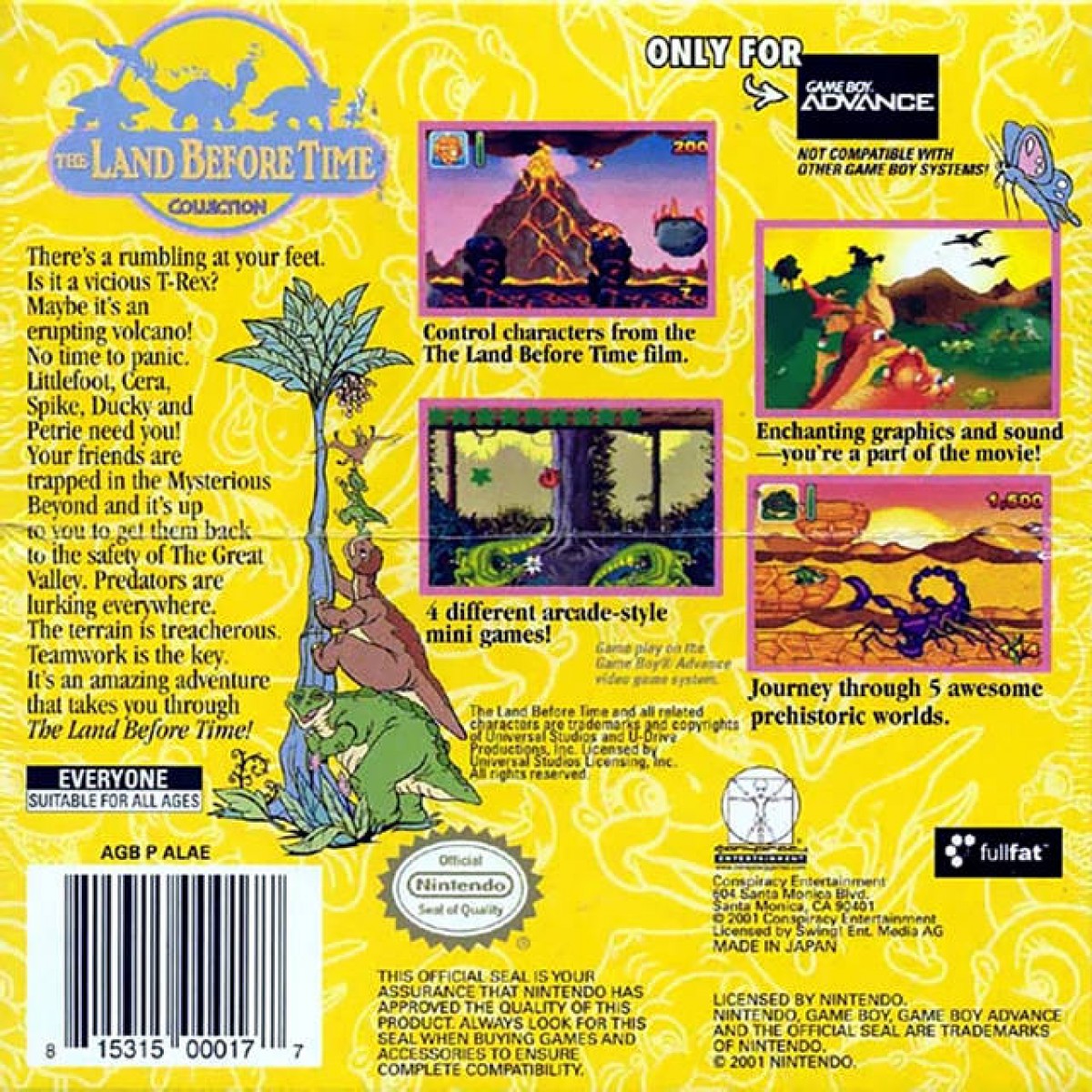 The Land Before Time Collection for Game Boy Advance, back of case for a retro video game featuring side-scrolling platforming gameplay, character-based adventures, family-friendly challenges, and movie-inspired prehistoric action