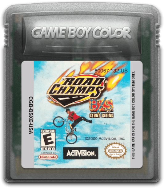 Road Champs for Game Boy Color, cartridge for an arcade racing video game with vehicle-based gameplay, track challenges, collectible cars, and casual driving action