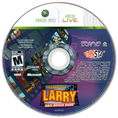 Leisure Suit Larry Box Office Bust game for the Xbox 360 featuring comedic action adventure gameplay with open environments mini games character interactions and humor driven missions following Larry Lovage in a modern parody setting disc  